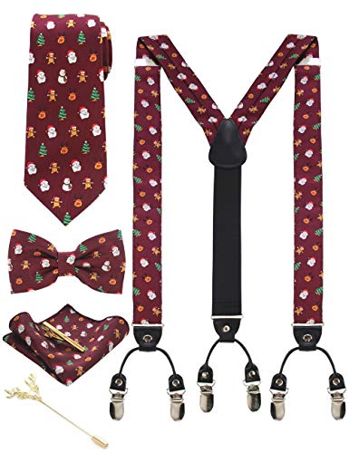 JEMYGINS Hosenträger Herren Dunkelrot. Weihnachts geschenk in Seide Weihnachten begrenzt 3.5cm Y Form mit 6 starken Clips Weihnachtsgeschenke und Krawatte Fliege Einstecktuch Set Geschenkbox(1) von JEMYGINS