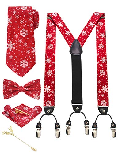 JEMYGINS Hosenträger Herren Rot/Schneeflocke in Seide Weihnachten begrenzt 3.5cm Y Form mit 6 starken Clips Weihnachtsgeschenke und Krawatte Fliege Einstecktuch Set Geschenkbox(6) von JEMYGINS