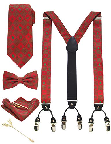 JEMYGINS Hosenträger Herren Rot. Weihnachtsbaum in Seide Weihnachten begrenzt 3.5cm Y Form mit 6 starken Clips Weihnachtsgeschenke und Krawatte Fliege Einstecktuch Set Geschenkbox(3) von JEMYGINS