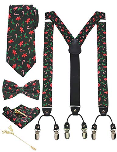 JEMYGINS Hosenträger Herren Schwarzgrün. Weihnachts geschenk in Seide Weihnachten begrenzt 3.5cm Y Form mit 6 starken Clips Weihnachtsgeschenke und Krawatte Fliege Einstecktuch Set Geschenkbox(2) von JEMYGINS