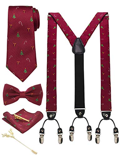 JEMYGINS Hosenträger Herren Weinrot/Weihnachts in Seide Weihnachten begrenzt 3.5cm Y Form mit 6 starken Clips Weihnachtsgeschenke und Krawatte Fliege Einstecktuch Set Geschenkbox(4) von JEMYGINS