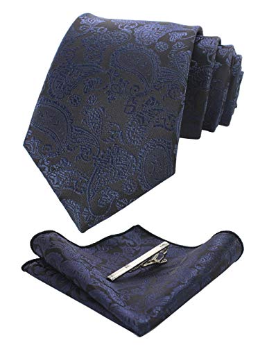 JEMYGINS Klassische Paisley Krawatte und Krawattenklammern Set Gr. 80, Bleu Foncé2 von JEMYGINS