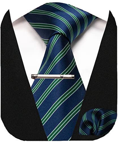JEMYGINS Krawatte Herren Gestreifte Karierte Krawatte Blau-grün gestreift Inklusive Einstecktuch Krawattenklammer Set von JEMYGINS