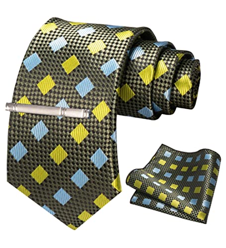 JEMYGINS Krawatte Herren Gestreifte Karierte Krawatte Braun-grün-gelbes Karo gestreift Inklusive Einstecktuch Krawattenklammer Set von JEMYGINS