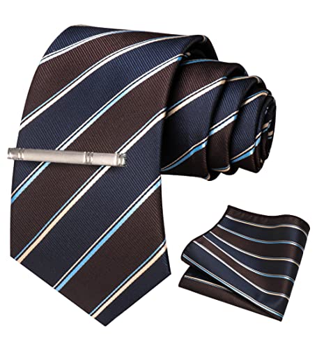 JEMYGINS Krawatte Herren Gestreifte Karierte Krawatte Braun-marine-weiß gestreift gestreift Inklusive Einstecktuch Krawattenklammer Set von JEMYGINS