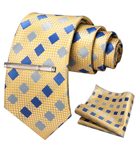 JEMYGINS Krawatte Herren Gestreifte Karierte Krawatte Gelb-Blau-Karo gestreift Inklusive Einstecktuch Krawattenklammer Set von JEMYGINS