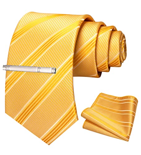 JEMYGINS Krawatte Herren Gestreifte Karierte Krawatte Gelb mit weißen Streifen gestreift Inklusive Einstecktuch Krawattenklammer Set von JEMYGINS