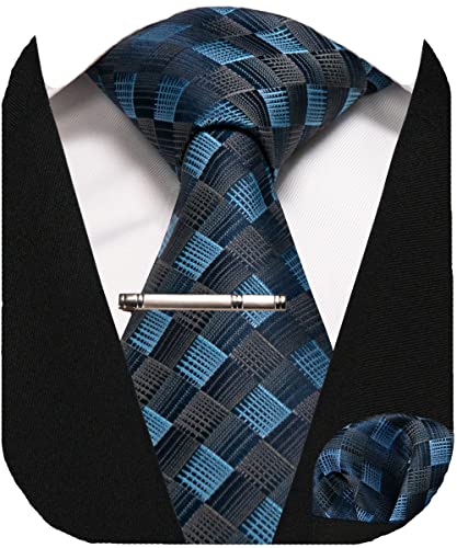 JEMYGINS Krawatte Herren Gestreifte Karierte Krawatte Grau-blaues Karo Inklusive Einstecktuch Krawattenklammer Set von JEMYGINS