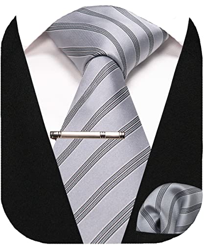 JEMYGINS Krawatte Herren Gestreifte Karierte Krawatte Grau mit schwarzen Streifen Inklusive Einstecktuch Krawattenklammer Set von JEMYGINS