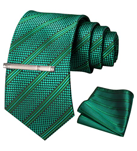 JEMYGINS Krawatte Herren Gestreifte Karierte Krawatte Grün gestreift gestreift Inklusive Einstecktuch Krawattenklammer Set von JEMYGINS