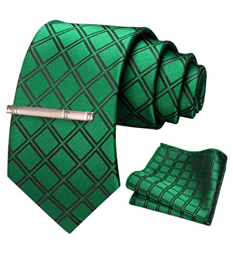 JEMYGINS Krawatte Herren Gestreifte Karierte Krawatte Grünes schwarzes Karo gestreift Inklusive Einstecktuch Krawattenklammer Set von JEMYGINS