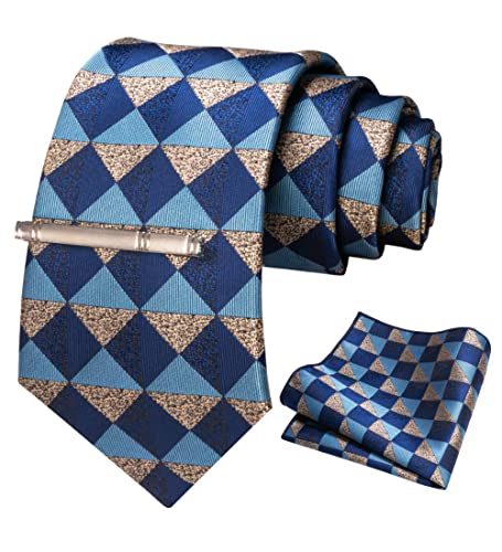 JEMYGINS Krawatte Herren Gestreifte Karierte Krawatte Marineblaues Khaki-Karo gestreift Inklusive Einstecktuch Krawattenklammer Set von JEMYGINS