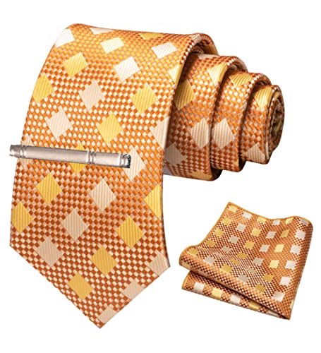 JEMYGINS Krawatte Herren Gestreifte Karierte Krawatte Orange-gelbes Karo gestreift Inklusive Einstecktuch Krawattenklammer Set von JEMYGINS