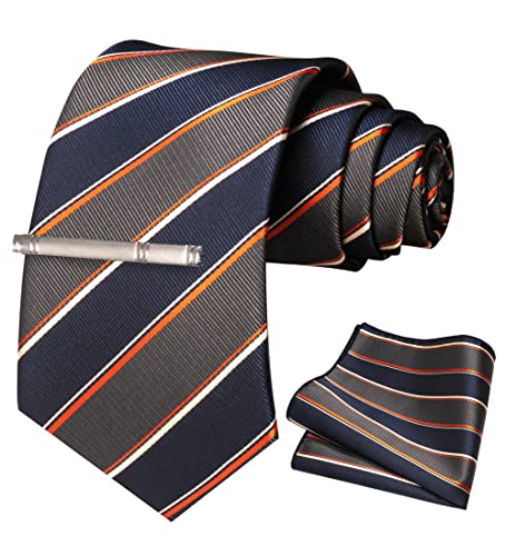 JEMYGINS Krawatte Herren Gestreifte Karierte Krawatte Orange-marine-weiß-grau gestreift gestreift Inklusive Einstecktuch Krawattenklammer Set von JEMYGINS