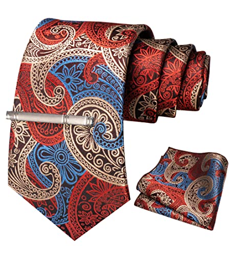 JEMYGINS Krawatte Herren Gestreifte Karierte Krawatte Rot Champagner Gold Blau Paisley gestreift Inklusive Einstecktuch Krawattenklammer Set von JEMYGINS