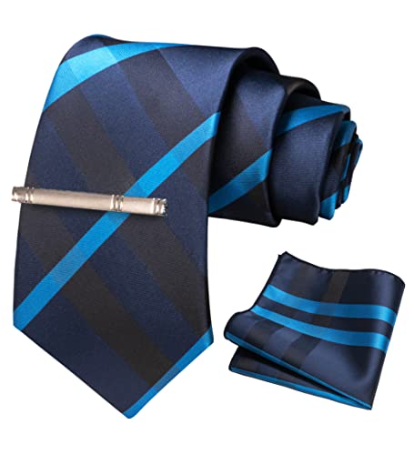 JEMYGINS Krawatte Herren Gestreifte Karierte Krawatte marineblau kariert gestreift Inklusive Einstecktuch Krawattenklammer Set von JEMYGINS