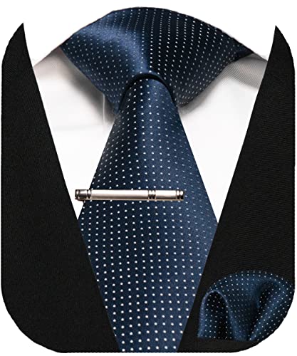 JEMYGINS Krawatte Herren Gestreifte Karierte Krawatte navy weißer Punkt Inklusive Einstecktuch Krawattenklammer Set von JEMYGINS