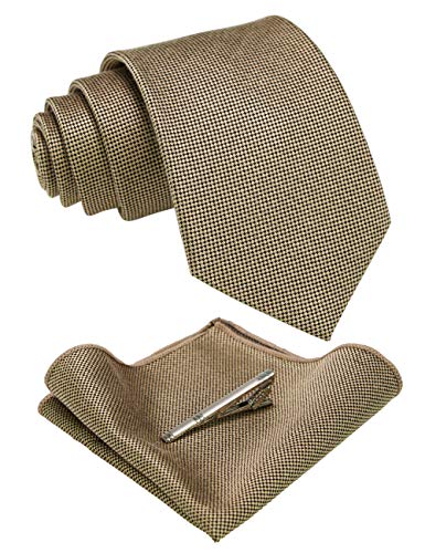 JEMYGINS Krawatte Herren Klassische Baumwoll Karierte Mehrfarbige Hellgolden Inklusive Einstecktuch Krawattenklammer Set von JEMYGINS