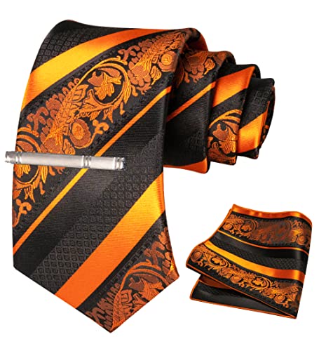 JEMYGINS Herren Krawatten Set mit gemischtem Rosen und Streifenmuster inklusive Krawattenklammer und Taschentuch orange von JEMYGINS