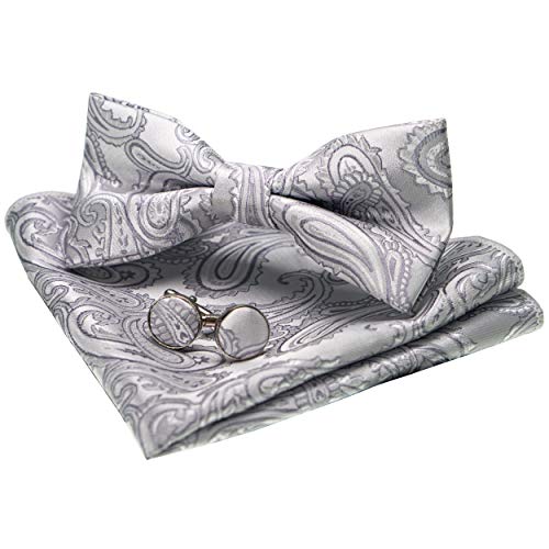 JEMYGINS Paisley Fliege und Einstecktuch mit Manschettenknöpfe Sets für Herren, Silber, M von JEMYGINS