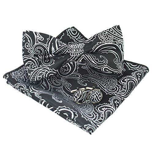 JEMYGINS Schwarz Seide Paisley Fliege und Einstecktuch mit Manschettenknöpfe Sets für Herren(7) von JEMYGINS