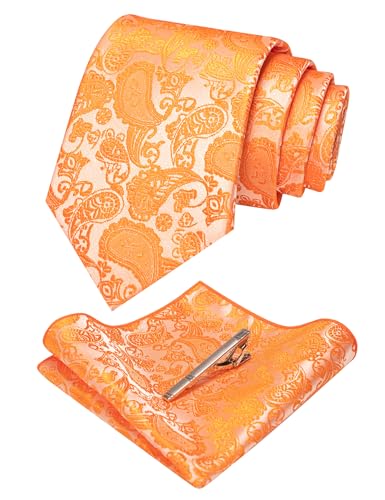 JEMYGINS orange Farbe krawatte Paisley Seide Herren Krawatten und Einstecktuch mit krawattenklammer Sets von JEMYGINS
