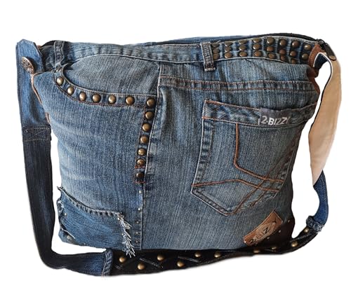 JENATMERS" Jeans Upcycling Unikat Boho Denim Handtasche Damen Handmade Einzelstück Recycle Jeans Woman Bag handgenähte Umhänge Bohemian Tasche von JENATMERS