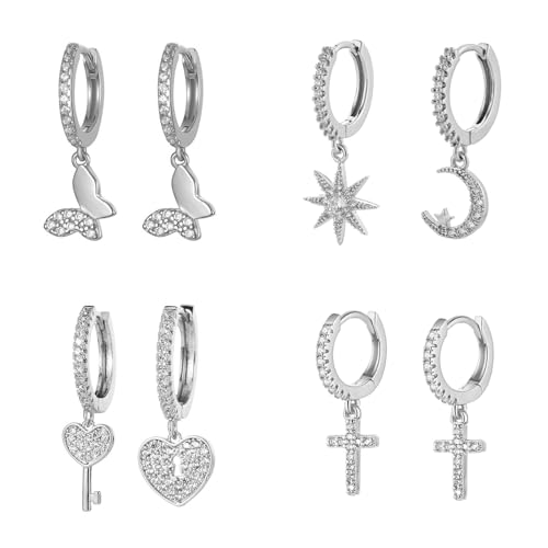 4 Paar Creolen Ohrringe Set, Creolen Ohrringe Hängend mit Cubic Zirkonia, Ohrringe Hängend Gold/Silber Ohrstecker, Ohrstecker Set für Damen Mädchen (Silber) von JENCVNL