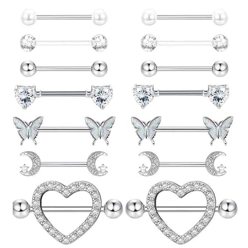 JENCVNL 7 Paar 14G Nippelpiercing für Damen 316L Edelstahl Brustwarzenpiercing Schmetterling Herz Mond Nippel Piercing Zungenpiercing Barbell Piercing Körperschmuck von JENCVNL