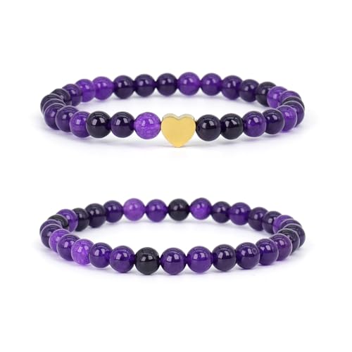 JENCVNL 2 Stück Naturstein Perlen Stretch-Armband, Echtes Naturstein Armbands, Chakra Armband Steine für Frauen Männer (Lila) von JENCVNL