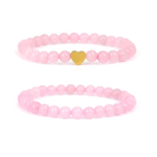 JENCVNL 2 Stück Naturstein Perlen Stretch-Armband, Echtes Naturstein Armbands, Chakra Armband Steine für Frauen Männer (Rosa) von JENCVNL
