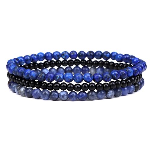 JENCVNL 3 Stück Naturstein Perlen Stretch Armband 4mm Echtes Naturstein Armband Stretch Naturstein Armband 4mm Damen Edelstein Armband Echtes Edelstein Armband Set für Frauen Männer Teens (Blau) von JENCVNL