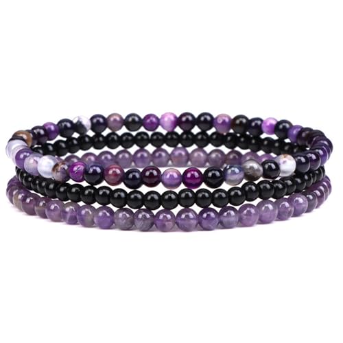 JENCVNL 3 Stück Naturstein Perlen Stretch Armband 4mm Echtes Naturstein Armband Stretch Naturstein Armband 4mm Damen Edelstein Armband Echtes Edelstein Armband Set für Frauen Männer Teens (Violett) von JENCVNL