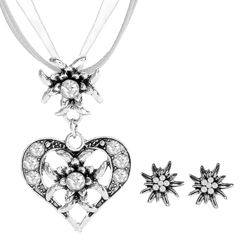 JENCVNL 3 Stück Trachtenschmuck Damen, Oktoberfest Bayerisch Dirndlschmuck Trachtenkette mit Strass Edelweiß Herz Anhänger Ohrstecker für Damen für Bierfest Trachten Dirndl Accessoires (Weiß) von JENCVNL