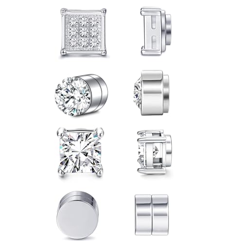 JENCVNL 4 Paare Edelstahl Magnetische Ohrringe Herren Damen 6/8MM Magnetische Ohrstecker Magnetische Ohrringe Set CZ Non-piercing Fake Ohrringe Schwarz/Silber Magnet Ohrringe Set (Silber-6mm) von JENCVNL