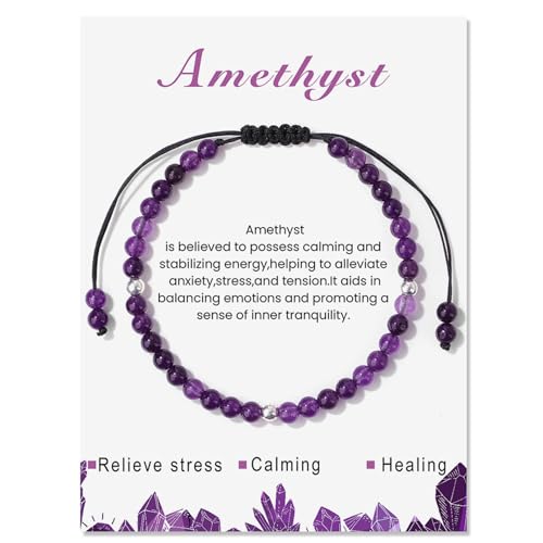 JENCVNL 4MM Naturstein Armband mit Metall Perlen Damen Verstellbar Naturstein Perlenarmband Echtes Edelstein Armband Damen Yoga Armband Echtes Naturstein Armband (Amethyst) von JENCVNL