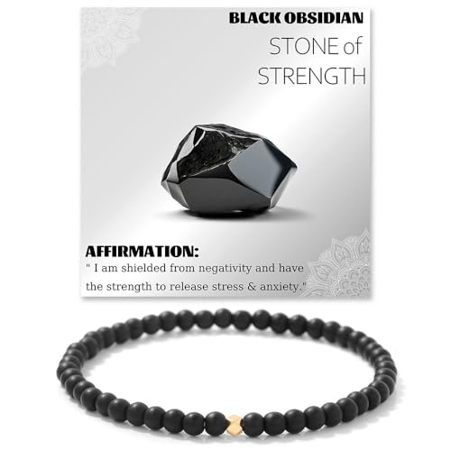 JENCVNL 4mm Naturstein Perlen Stretch Armband Damen Echtes Naturstein Armband mit 18K Gold Perlen Edelsteine Stretch Armbänder Perlenarmband (Obsidian) von JENCVNL