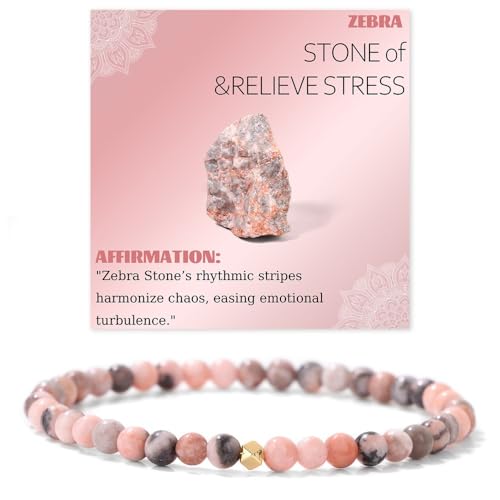 JENCVNL 4mm Naturstein Perlen Stretch Armband Damen Echtes Naturstein Armband mit 18K Gold Perlen Edelsteine Stretch Armbänder Perlenarmband (Rosa Zebra) von JENCVNL