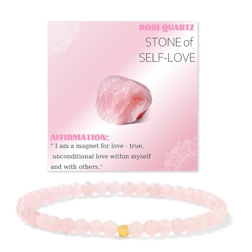 JENCVNL 4mm Naturstein Perlen Stretch Armband Damen Echtes Naturstein Armband mit 18K Gold Perlen Edelsteine Stretch Armbänder Perlenarmband (Rosenquarz) von JENCVNL