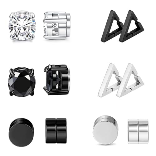 JENCVNL 6 Paare Edelstahl Magnetische Ohrstecker Silber Schwarz Ohrstecker Set 6/8mm Herren Magnet Ohrringe Fake Ohrringe Set für Herren Damen (6mm) von JENCVNL