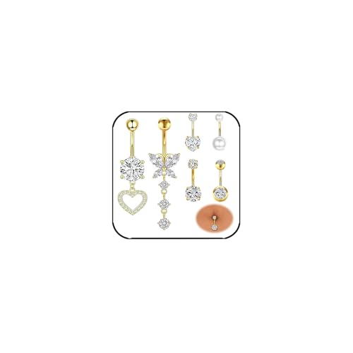 JENCVNL 6 Stück Bauchnabelpiercing Damen, 14G Edelstahl Piercing Bauchnabel Bauchnabelpiercing Herz Schmetterling Anhänger Piercing Bauchnabel Schmuck Damen (Gold) von JENCVNL