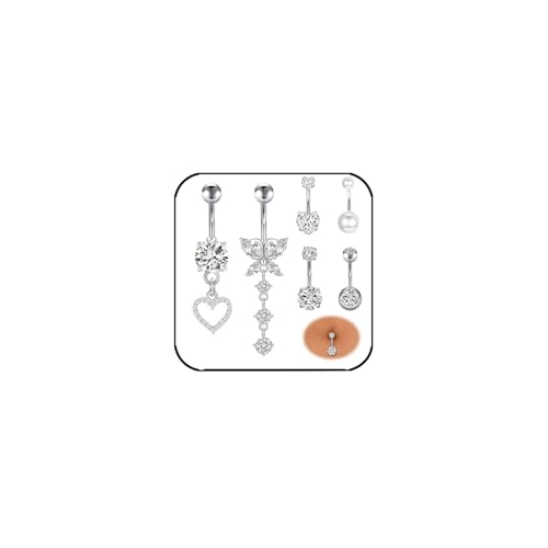 JENCVNL 6 Stück Bauchnabelpiercing Damen, 14G Edelstahl Piercing Bauchnabel Bauchnabelpiercing Herz Schmetterling Anhänger Piercing Bauchnabel Schmuck Damen (Silber) von JENCVNL