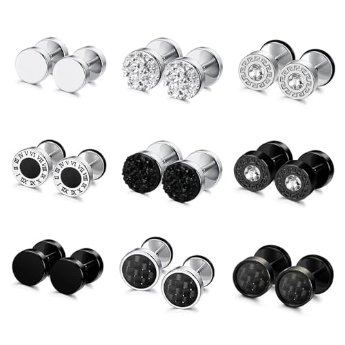 JENCVNL 9 Paar Ohrringe Herren, Edelstahl Männer Ohrstecker Silber Schwarz Runde Ohrringe Fake Plugs Ohrring Fake Gauge Ohrring Ohr Piercing für Herren Damen von JENCVNL