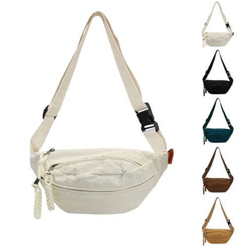 JENCVNL Bauchtasche Cord Damen, Cord Gürteltasche Umhängetasche Damen Cord Crossbody Bag Hüfttaschen mit einstellbar Schultergurt für Damen Herren (Cremefarben) von JENCVNL