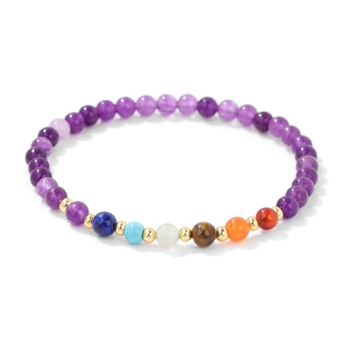 JENCVNL Chakra Armband, 7 Chakra Yoga Armband 4mm Edelstein Perlen Armbänder Echte Steine Naturstein Armbänder für Damen Herren (Elastisches-Amethyst) von JENCVNL