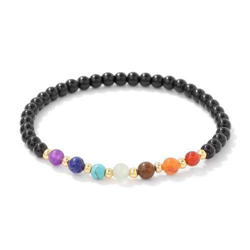 JENCVNL Chakra Armband, 7 Chakra Yoga Armband 4mm Edelstein Perlen Armbänder Echte Steine Naturstein Armbänder für Damen Herren (Elastisches-Obsidian) von JENCVNL