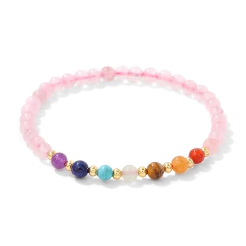 JENCVNL Chakra Armband, 7 Chakra Yoga Armband 4mm Edelstein Perlen Armbänder Echte Steine Naturstein Armbänder für Damen Herren (Elastisches-Rosenquarz) von JENCVNL