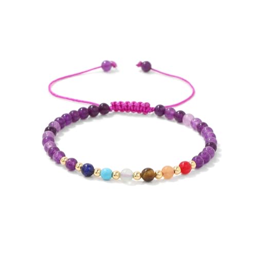 JENCVNL Chakra Armband, 7 Chakra Yoga Armband 4mm Edelstein Perlen Armbänder Echte Steine Naturstein Armbänder für Damen Herren (Verstellbar-Amethyst) von JENCVNL