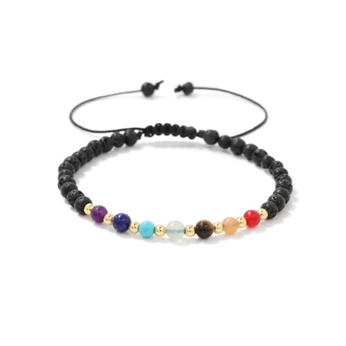 JENCVNL Chakra Armband, 7 Chakra Yoga Armband 4mm Edelstein Perlen Armbänder Echte Steine Naturstein Armbänder für Damen Herren (Verstellbar-Lavastein) von JENCVNL