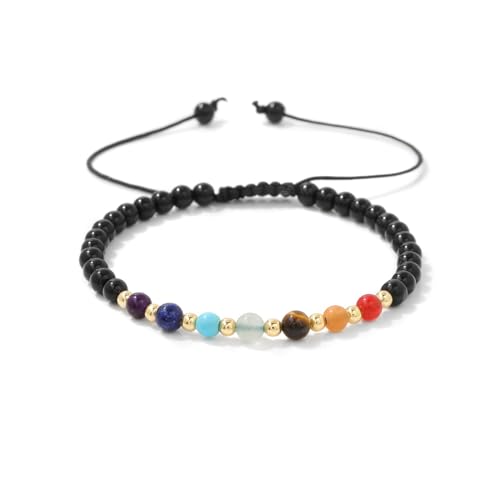 JENCVNL Chakra Armband, 7 Chakra Yoga Armband 4mm Edelstein Perlen Armbänder Echte Steine Naturstein Armbänder für Damen Herren (Verstellbar-Obsidian) von JENCVNL